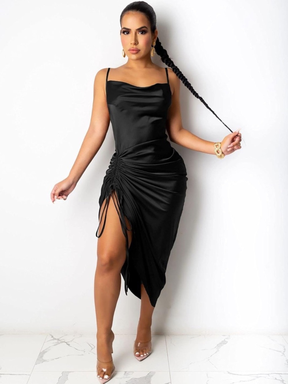 Spaghetti Strap Satin Dress Sexy Backless Drawstring Ruched Split Hem Cocktail